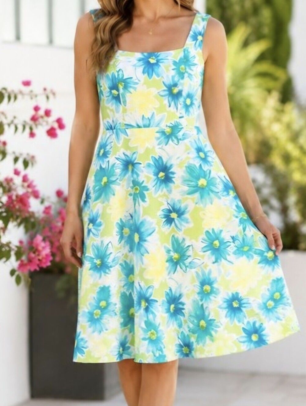 Jessica Petite Floral Fit & Flare Dress NWT Blue Green Yellow Spring 14P